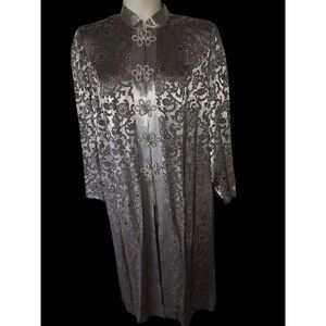VTG USA R&M Richards Karen Kwong Long Oriental Top Gray Satin Brocade 16W